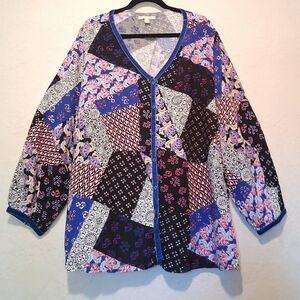 Women Within Patchwork Puff Sleeve Blouse Vneck Button Up Boho Sz2X Plus